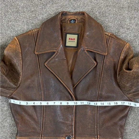 R&O Brand Brown Distressed Leather Trench Coat Jacket Womens S Mid-Length Patina - Picture 8 of 8